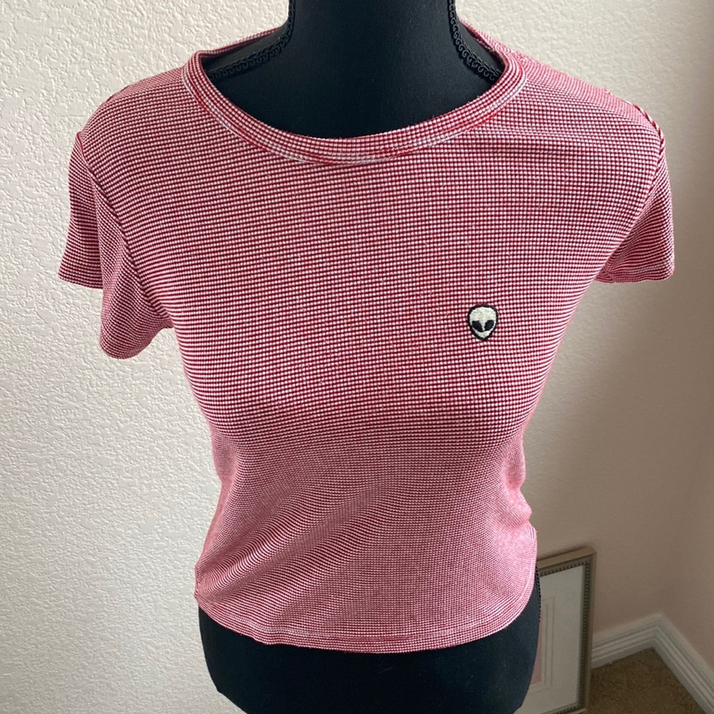 Brandy Melville Red and White Striped Top with Alien Patch